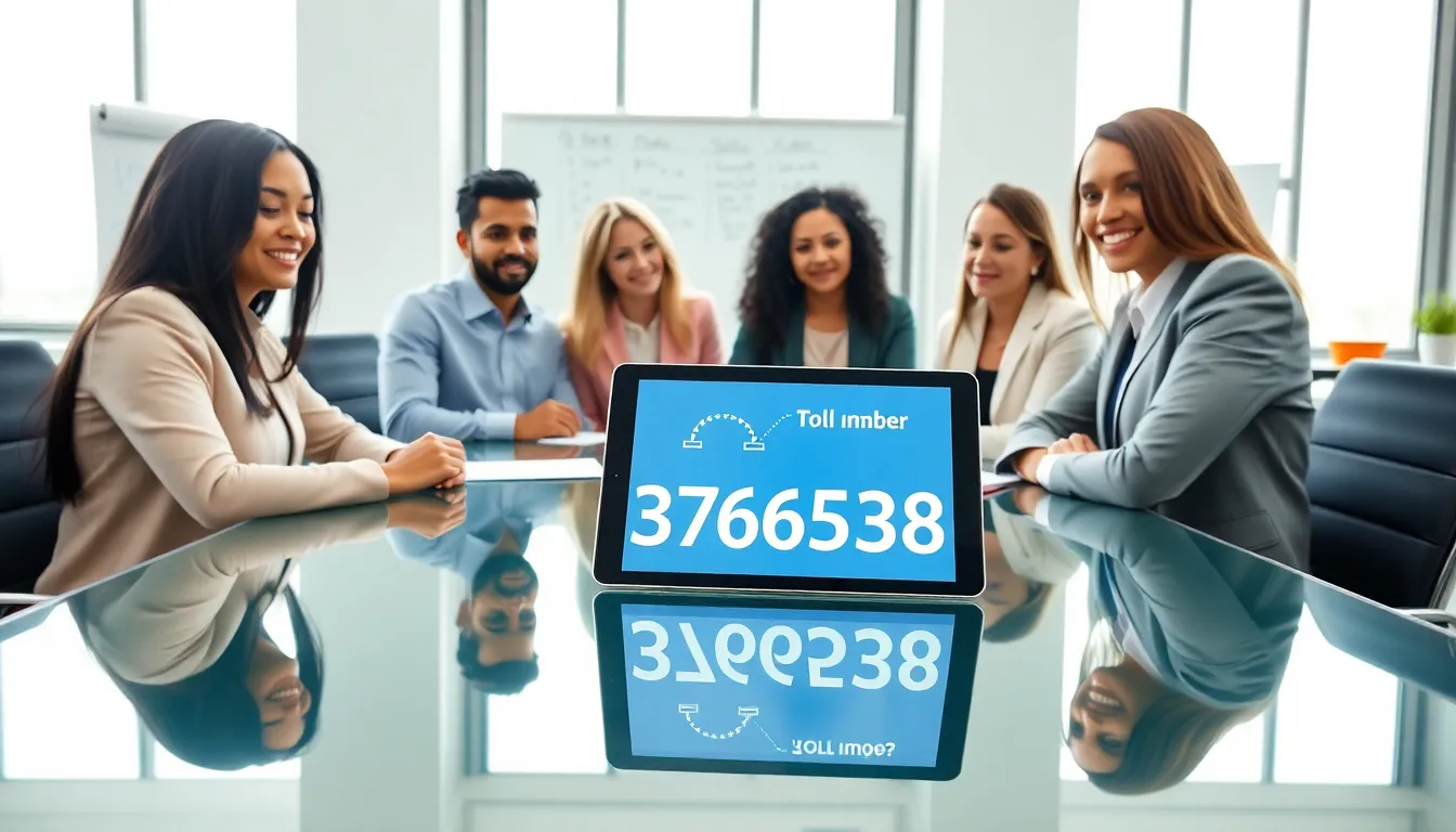 diverse team discussing a toll-free number in a modern office.