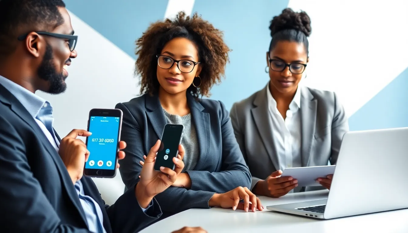 professionals discussing a phone number in a modern office setting.