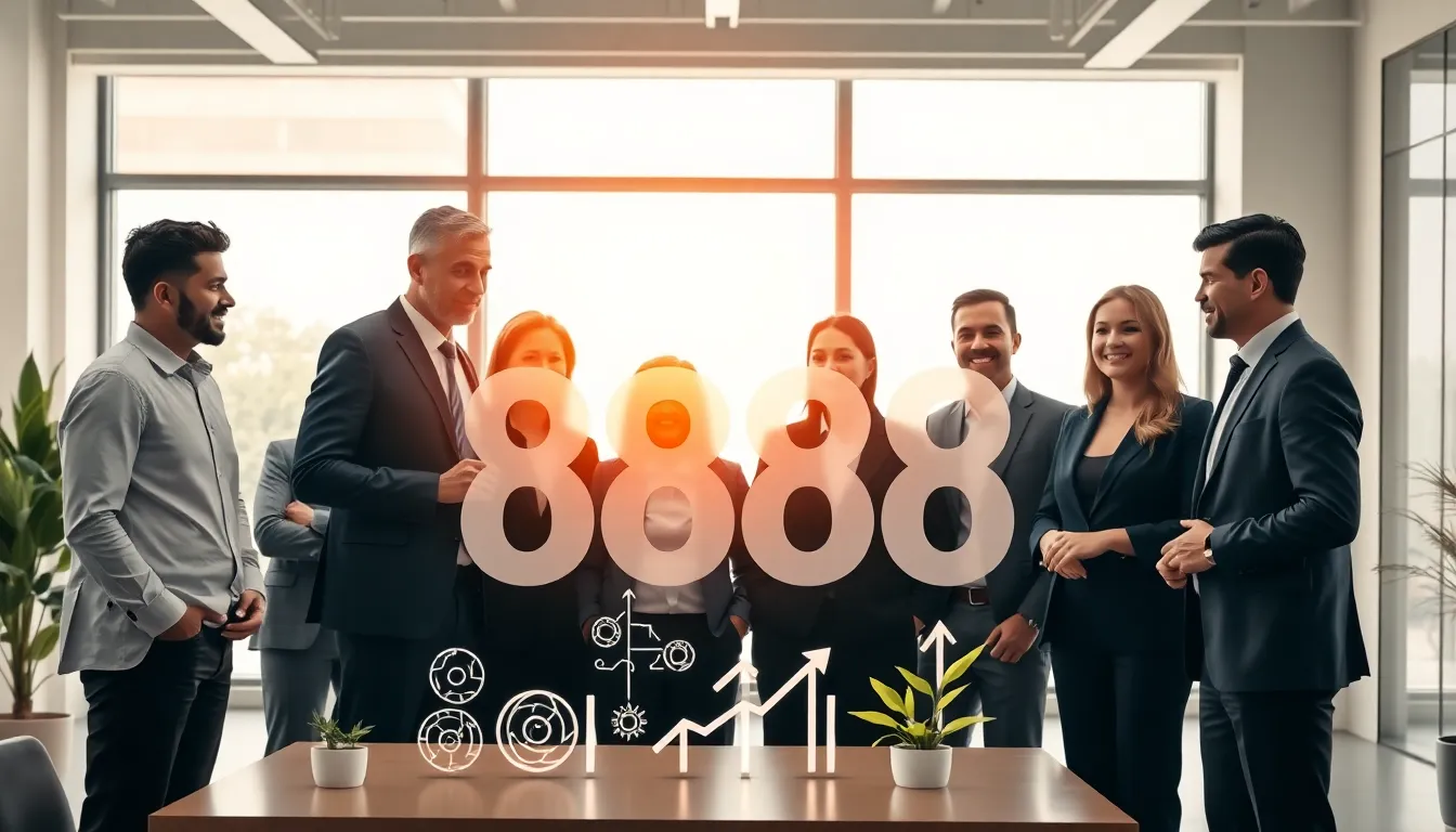 diverse team discussing the significance of the number 8882795504 in an office.