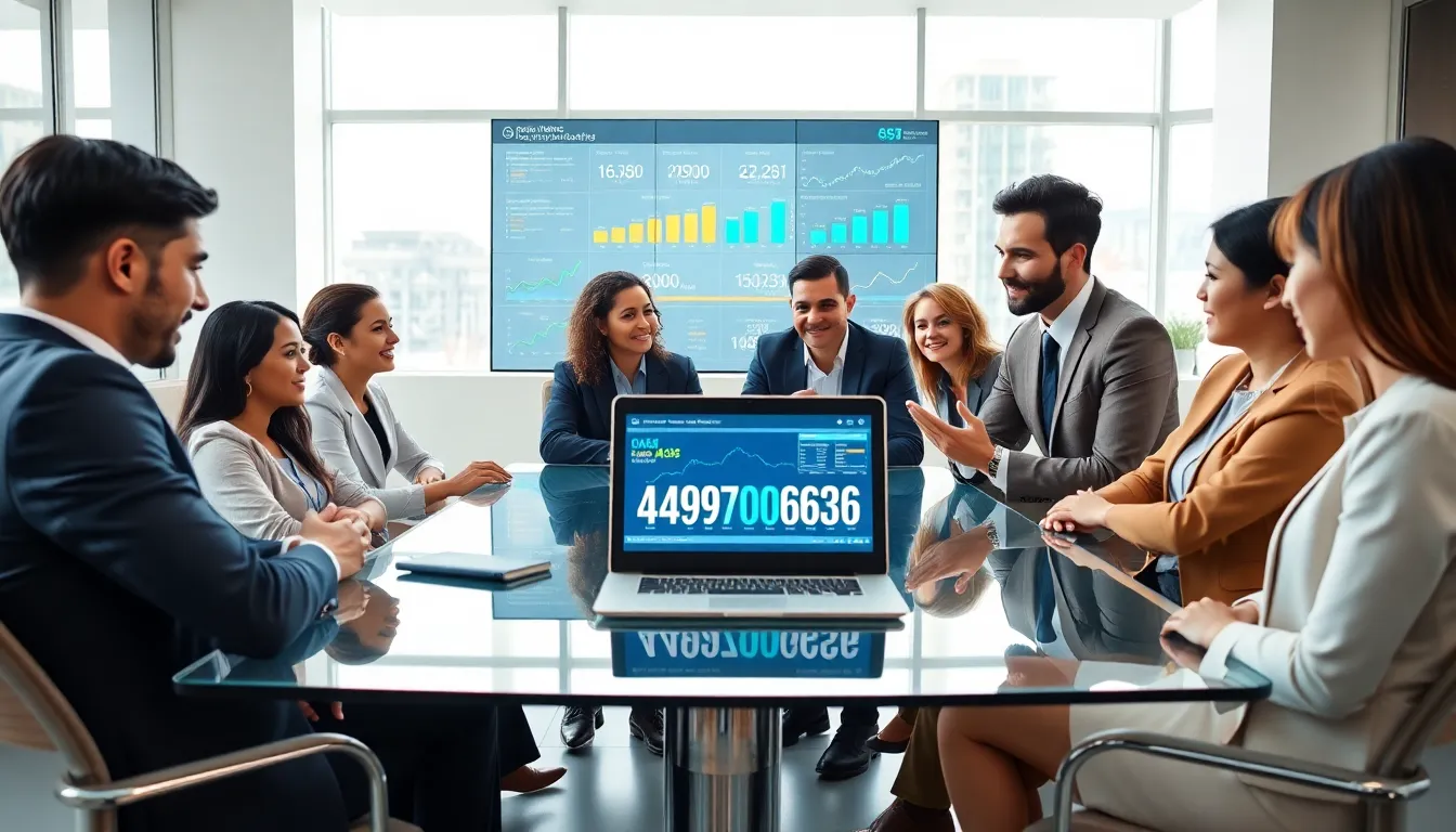 diverse professionals discussing data in a modern office setting.