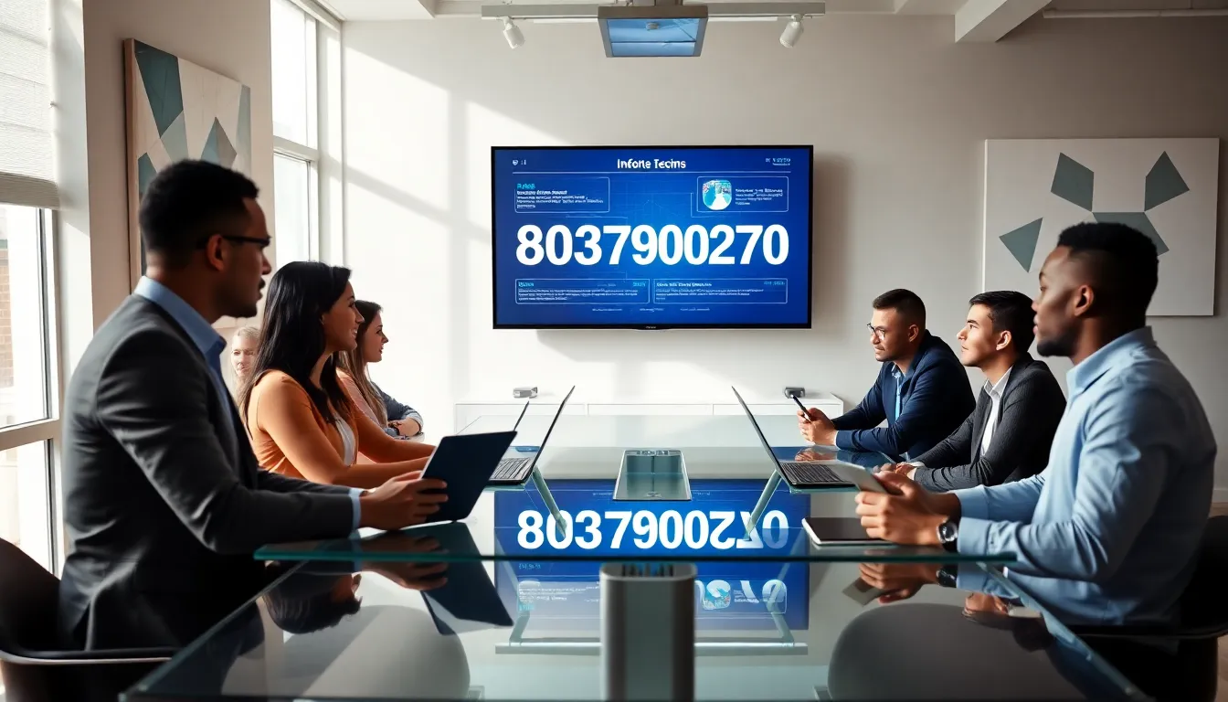 professionals discussing data trends in a modern office.