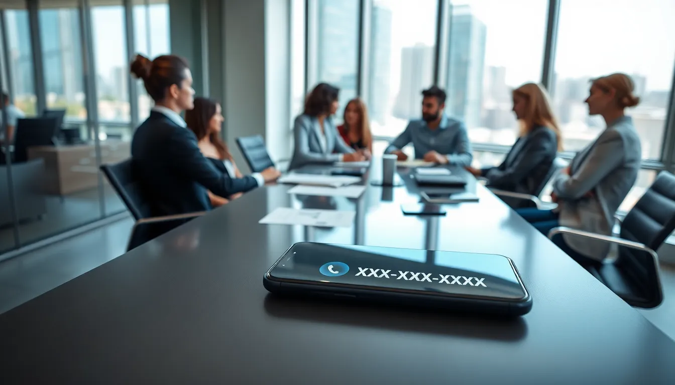 Smartphone displaying phone number format in a modern office.