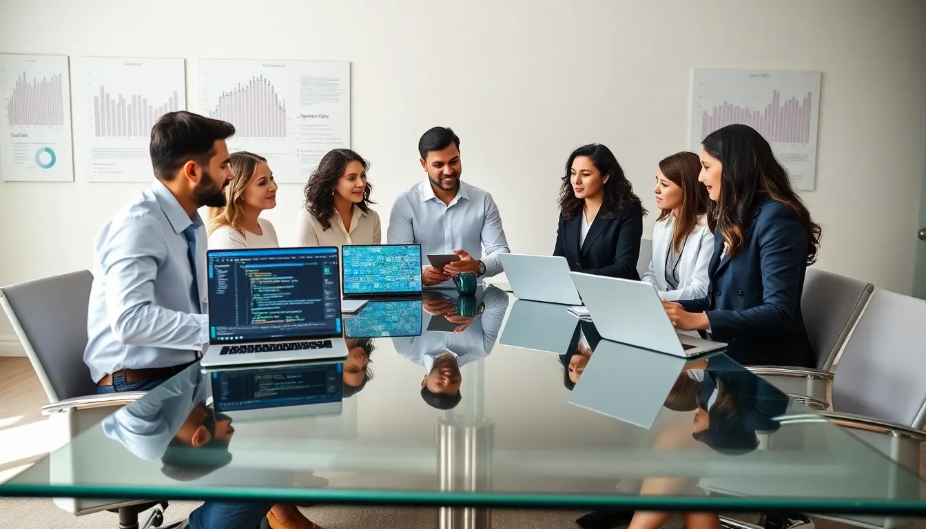 diverse professionals discussing data analysis in a modern office.