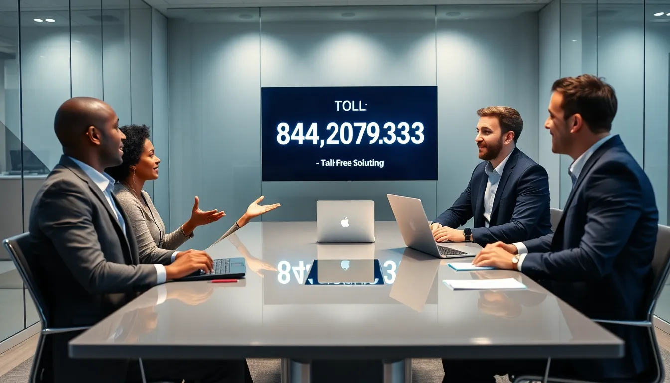 a diverse team discussing a toll-free number in a modern office.