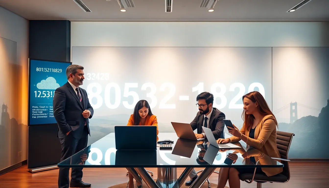 diverse professionals discussing telecommunications in a modern office.