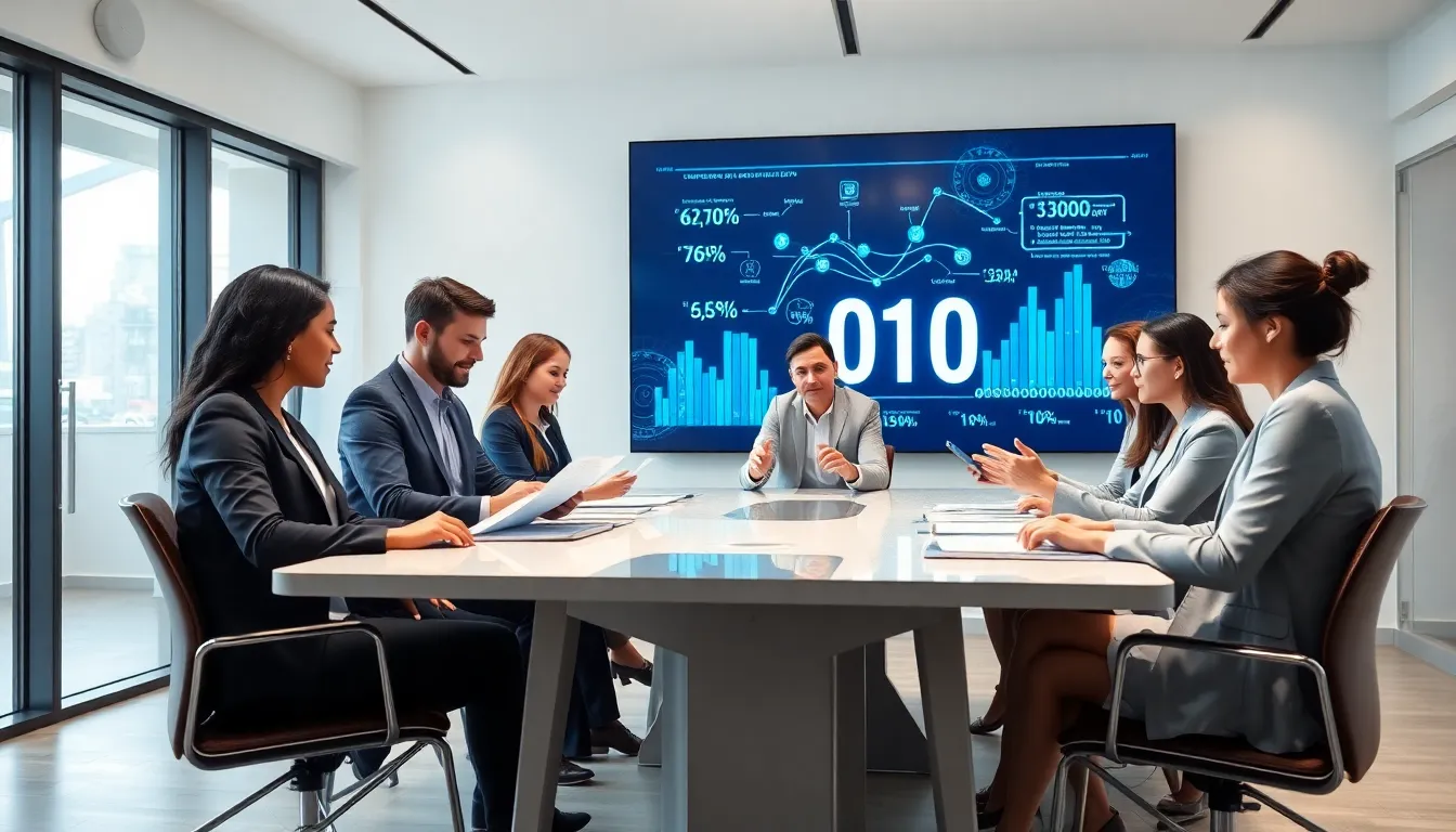 diverse professionals discussing data identification in a modern office.