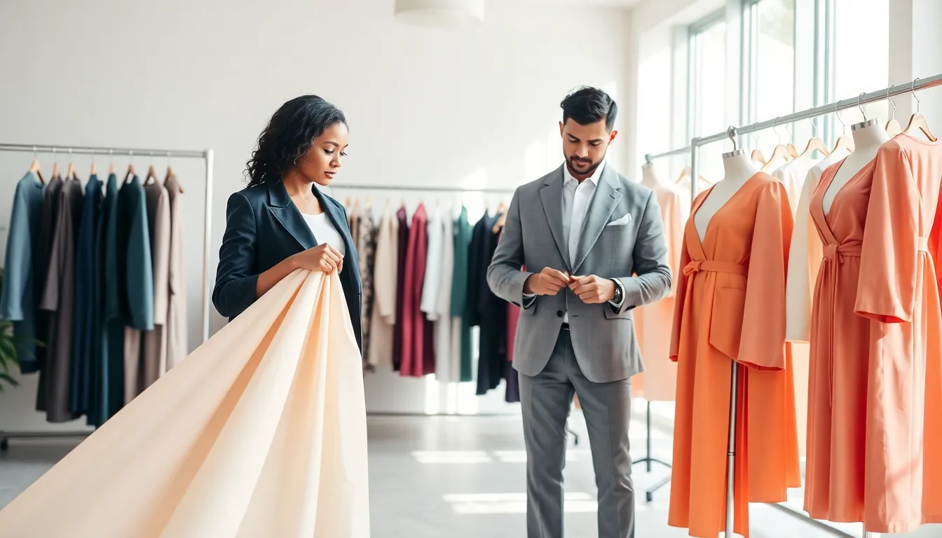 diverse designers showcasing sustainable Cloewhitex fabrics in a modern studio.